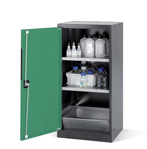 asecos Chemikalienschrank Systema CS-52L, Korpus anthrazit, grün, 2 Einlegeböden und Bodenwanne, 202554
