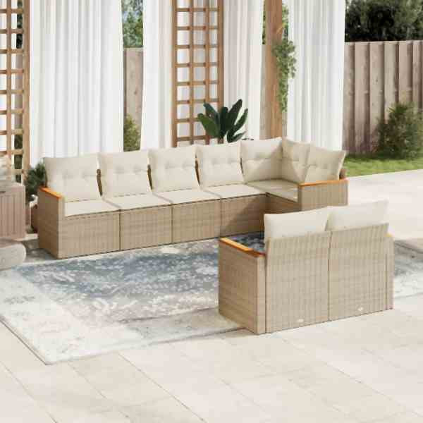 vidaXL 8-tlg. Garten-Sofagarnitur mit Kissen Beige Poly Rattan, UV-beständig, 3258551