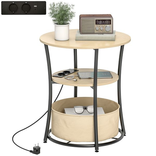 HOMCOM Beistelltisch 3-stufiger Couchtisch mit Ladestation, Stoff-Aufbewahrungstasche, Ablage, 50x50x55,1 cm Naturholz, 83B-395V90ND