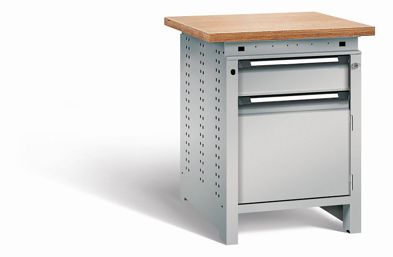 Otto Kind Werkbank Serie function Typ 105, Multiplexplatte 40 mm, überstehend, Unterbau mit Zentralverschluss, komplett RAL 9006, 072322296