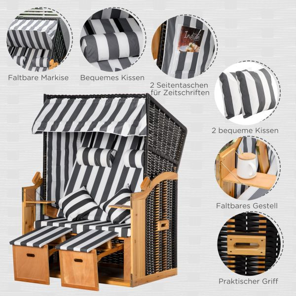 Outsunny Strandkorb Doppelte Sonnenliege mit Dach, mit Getränkehaltern Chaiselongue 5-stufige Rückenlehne PE-Rattan Grau+Weiß 118 x 79 x 150 cm, 867-059GY