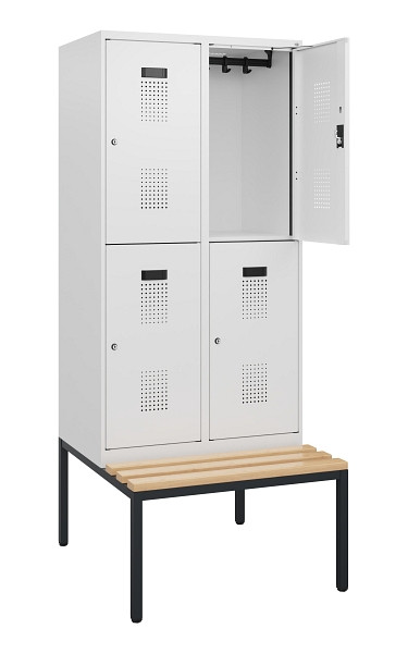 C+P Doppelstöckiger Spind Evolo PLUS, Bank, 4 Fächer, 1950x800x815mm, 9016/9016, Zylinderschloss, Sitzfläche Buche-Hartholz, Sitzbank, 0493505-22 S10054