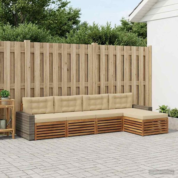 vidaXL Outdoor-Sofagarnitur mit Kissen 5-teilig Natur und Beige Polyester, 3383251