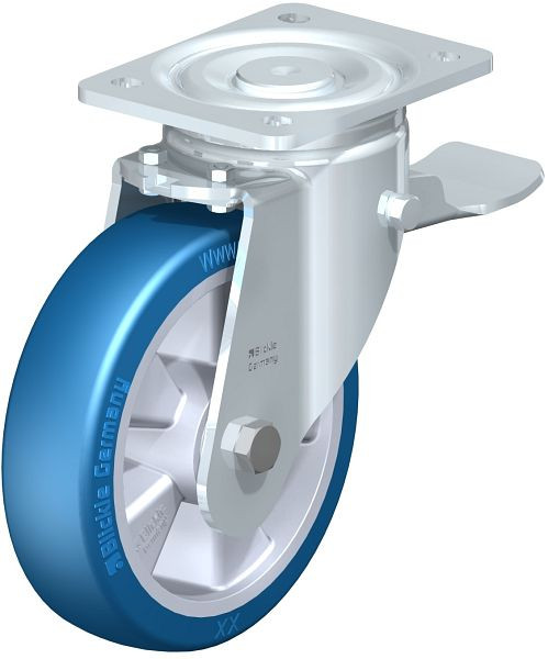 Blickle LH-ALBS 180K-ST Stahlblech-Lenkrolle, Schwerlast-Ausführung, mit Anschraubplatte & Feststeller, Blickle Besthane® Soft, Blau, 852452