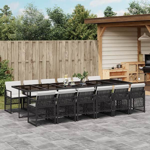 vidaXL 13-tlg. Garten-Essgruppe mit Kissen Schwarz Poly Rattan, UV-beständig, 3210762