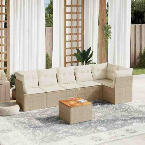 vidaXL 7-tlg. Garten-Sofagarnitur mit Kissen Beige Poly Rattan, UV-beständig, 3255981