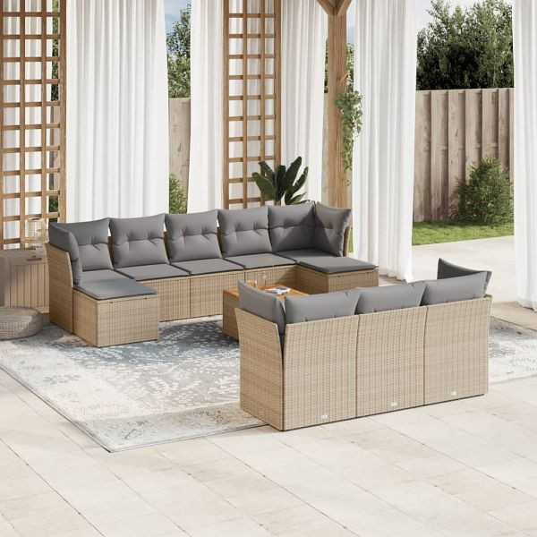vidaXL 11-teilig Garten-Sofagarnitur mit Kissen Beige Poly Rattan, 3256213
