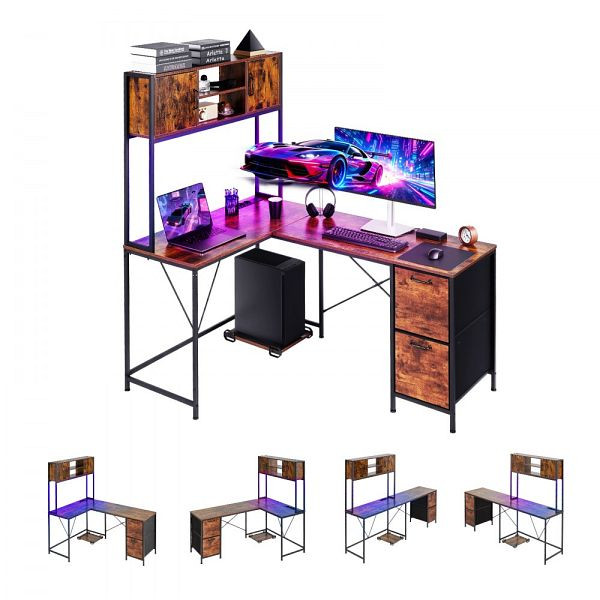 VEVOR L-förmiger Gaming-Schreibtisch mit LED, 1,58 m, Steckdosen, CPU-Ständer & Schubladen, PC-Gamertisch für Homeoffice, GDZJZTKJSJDCS40KY001V2
