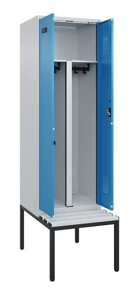 C+P PSA Doppel-Spind Evolo PLUS, Bank, 2 Abteile, 2120x600x815mm, 7035/5012, Zylinderschloss, Sitzfläche Kunststoff, Sitzbank, 0490527-20P S10088
