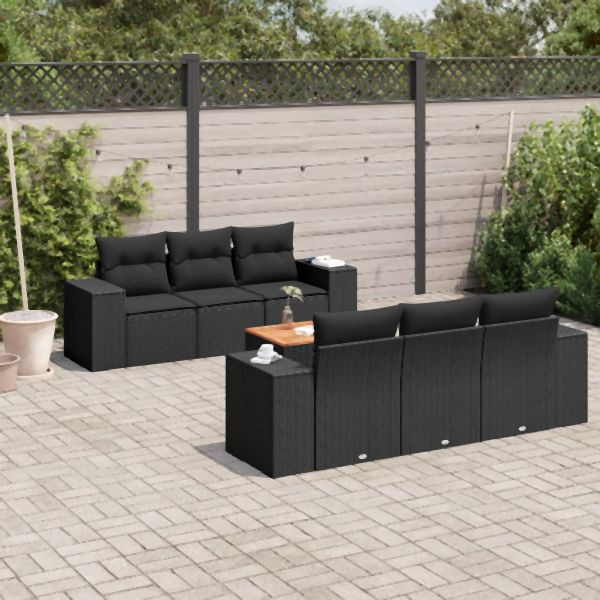 vidaXL 7-tlg. Garten-Sofagarnitur mit Kissen Schwarz Poly Rattan, 3225334