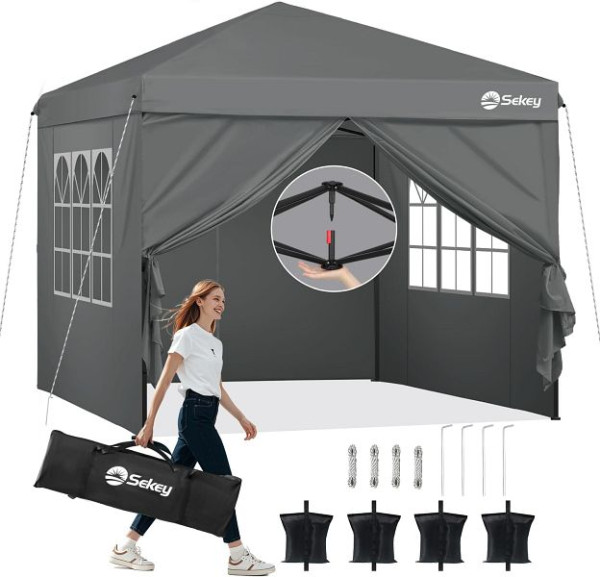 Sekey Premium Faltpavillon 3 x 3 m wasserdicht & winterfest, mit 4 Seitenwänden und Einweg-Privatsphäre-Fenstern, Standard Version, GZ86