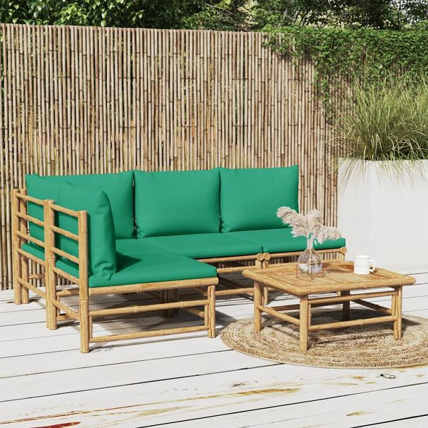 vidaXL 5-teilig Garten-Lounge-Set mit Grünen Kissen Bambus, 3155170