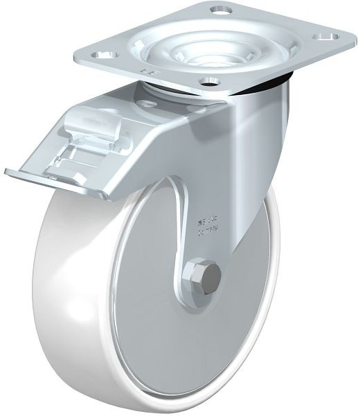 Blickle LE-PO 125G-FI-FA Stahlblech-Lenkrolle mit Anschraubplatte & Feststeller, Polyamid, Weiß, 591651