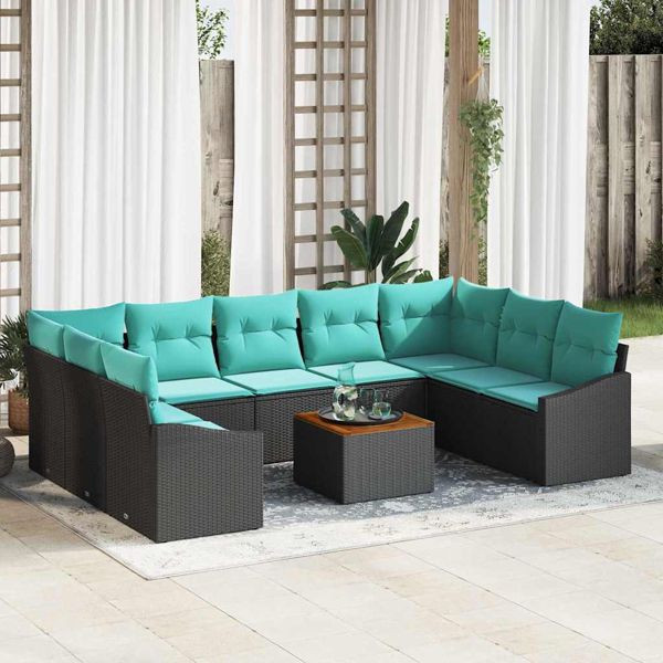 vidaXL Gartensofa-Set mit Kissen 10-teilig Schwarz Poly-Rattan, 3347879
