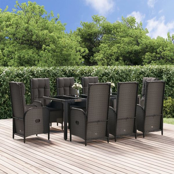 vidaXL 9-teilig Garten-Essgruppe mit Kissen Schwarz und Grau Poly Rattan, 3185058