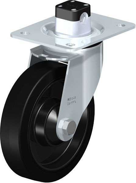 Blickle LE-POEV 161K-CS11 Stahlblech-Lenkrolle mit Anschraubplatte & Zentralfeststeller, Elastik-Vollgummi, Schwarz, 850151