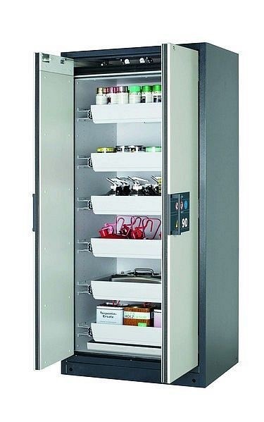 asecos Sicherheitsschrank Q-PEGASUS-90, Q90.195.090.WDAC in lichtgrau RAL 7035 mit 6x Auszugswanne Standard (Stahlblech), 30042-041-30055