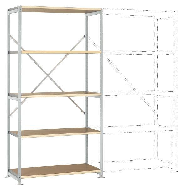 Manuflex Mittelschweres Fachboden-Steckregal Grundregal mit 5 Holzverbundböden, HxBxT = 2000 x 1030 x 300 mm, lichtgrau, RP1005.7035