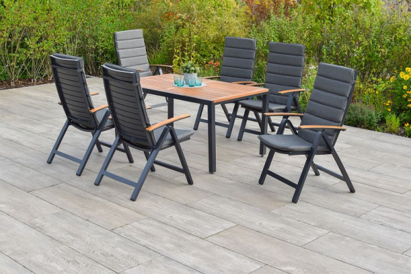 Merxx Astros Set 13-teilig, 6 Astros Klappsessel, 6 Kissen, grau, 1 Tisch 150 x 90 cm, Aluminium mit FSC Akazienholz, 50626-800
