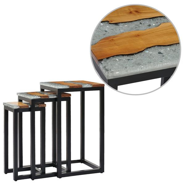 vidaXL Satztische 3 Stück Massivholz Teak und Polyresin, 281648