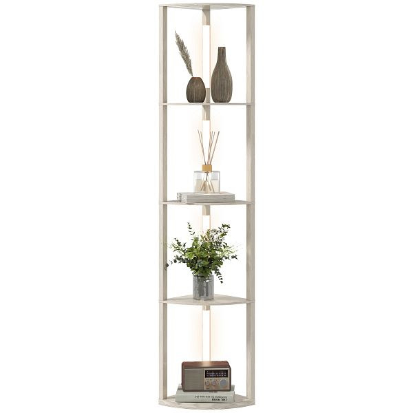 HOMCOM LED Standleuchte, Eckregal, dimmbar, 4 Ablagen, warmweißes Licht, 41x30x164cm, Eiche, B31-465V90AK