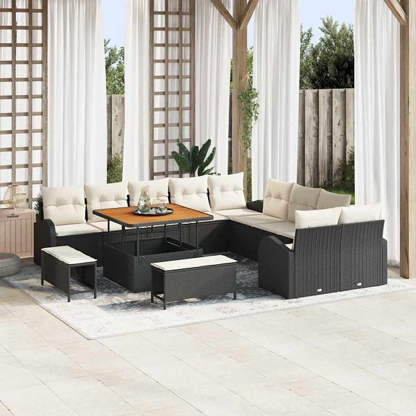 vidaXL Garten-Sofa-Set mit Kissen 13-teilig Schwarz Poly-Rattan, 3362445
