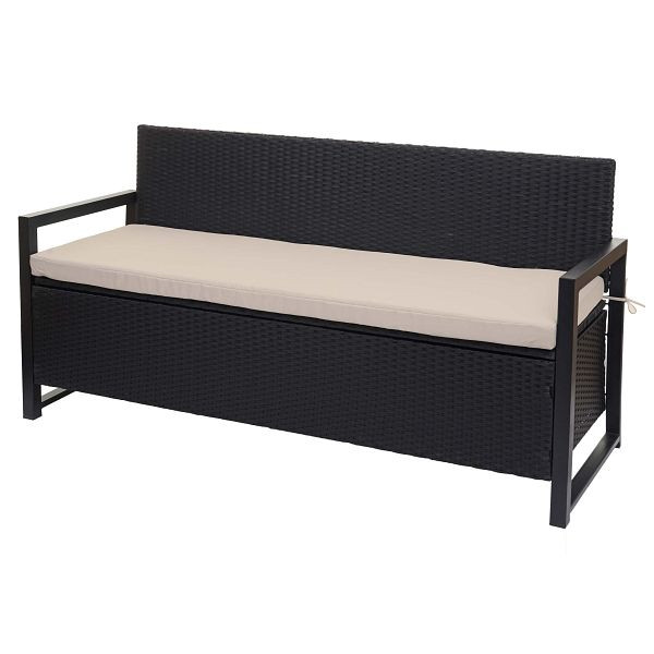 Mendler Poly-Rattan 3er Sitzbank HWC-F39, Gartenbank Truhenbank, Staufach Aufbewahrung Sitzkissen, anthrazit, Kissen beige, 98450+98451