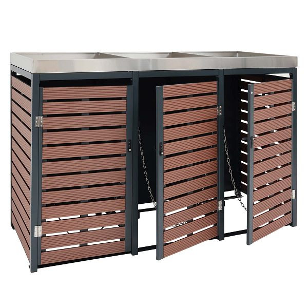 Mendler 3er Mülltonnenverkleidung HWC-K14, Mülltonnenbox mit Pflanzkasten, 112x63x78cm WPC Edelstahl 107kg, Walnuss-Holzoptik, 87626+87627+87628