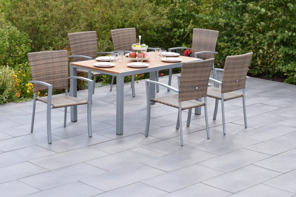 Merxx Savona Set 7-teilig, 6 Stapelsessel, 1 Tisch 150 x 90 cm, Akazientischplatte horizontal gestreift, Silber/naturgrau, 50891-228