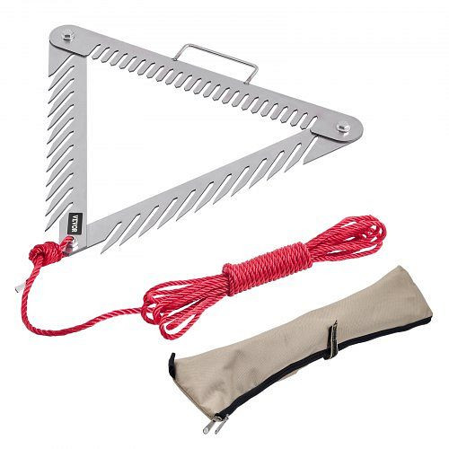 VEVOR Teichrechen 515x540x9 mm, 3-seitiger Unkrautrechen mit Griff, faltbar, Edelstahl, 9 m Seil, für Seen/Teiche, SCPSSKSJX30FVVWD3V0