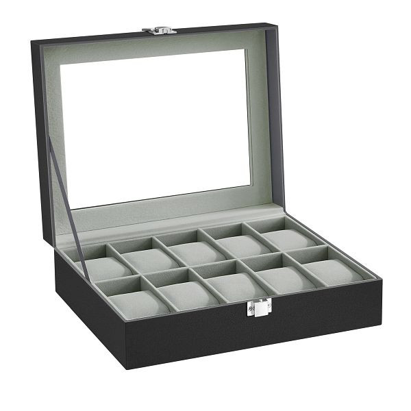 SONGMICS Uhrenbox mit 10 Schlitzen, mit Glasdeckel, mit abnehmbaren Uhrenkissen, Metallverschluss, synthetisches Leder, graue Futterierung, JWB010BK