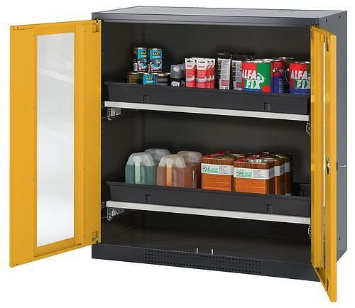 asecos Chemikalienschrank Systema-T CS-102G, Korpus anthrazit, Flügeltüren gelb, 2 Tablarauszüge, 208700
