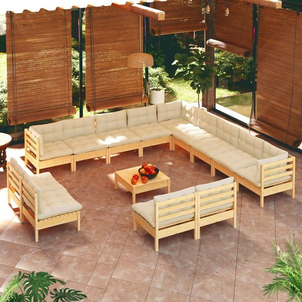 vidaXL 14-teilig Garten-Lounge-Set mit Creme Kissen Massivholz Kiefer, 3096893