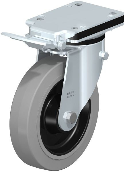 Blickle LK-POEV 200K-IS-SG Stahlblech-Lenkrolle, mittelschwere Ausführung, mit Anschraubplatte & Feststeller, Elastik-Vollgummi, Grau, 638452