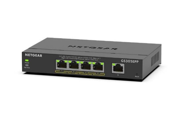 Netgear 5-Port Gb Smart Managed Plus Switch, PoE+, Metallgehäuse, GS305EPP-100PES