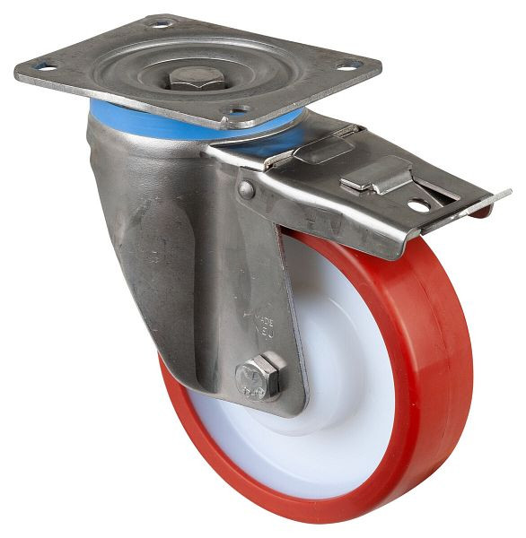 BS Rollen Edelstahl-Schwerlastrolle Lenkrolle, Edelstahl, mit Feststeller, Gleitlager Polyurethanrad rot, Anschraubplatte 150 mm, 600 kg, HS120.B27.150