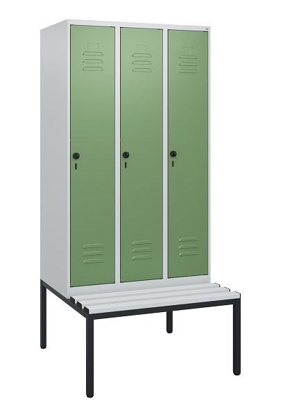 C+P Umkleidespind Classic PLUS, mit untergebauter Sitzbank, 3 Abteile, 1950x900x815mm, 7035/6011, Drehriegel, 0800505-30 S10036