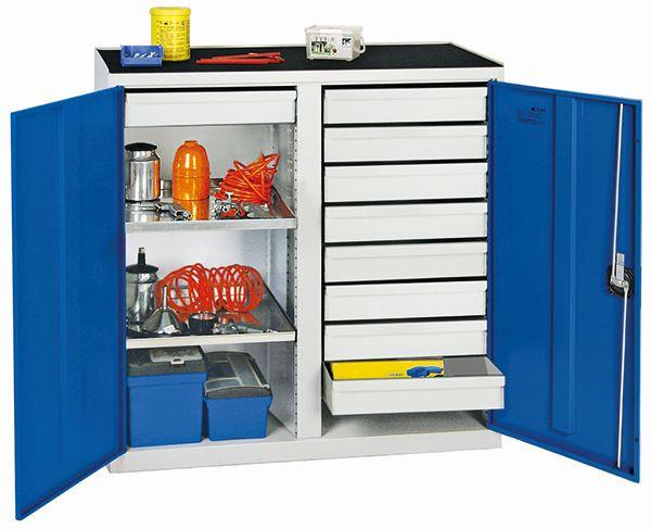 stumpf Werkzeug- und Materialschrank Serie 2000, 7035/5010, 9 Schubladen, Mitteltrennwand, 2 Fachböden, 2002974