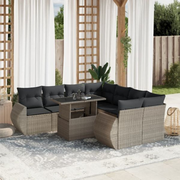 vidaXL 9-tlg. Garten-Sofagarnitur mit Kissen Hellgrau Poly Rattan, 3268432