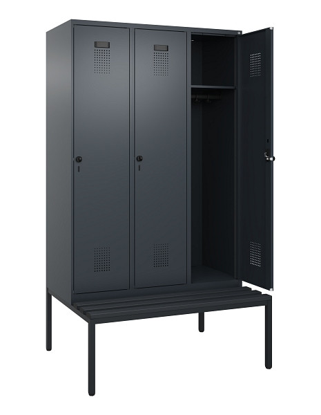 C+P Spind Evolo PLUS, 3 Abteile, 2120x1200x815mm, 7016/7016, Haken 4, Drehriegel, Sitzfläche Kunststoff, Sitzbank, 0490507-32 S10070