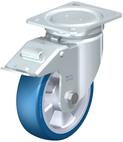 Blickle LU-ALBS 160K-FI Stahlblech-Lenkrolle, schwere, geschlossene Ausführung, mit Anschraubplatte & Feststeller, Blickle Besthane® Soft, Blau, 755076