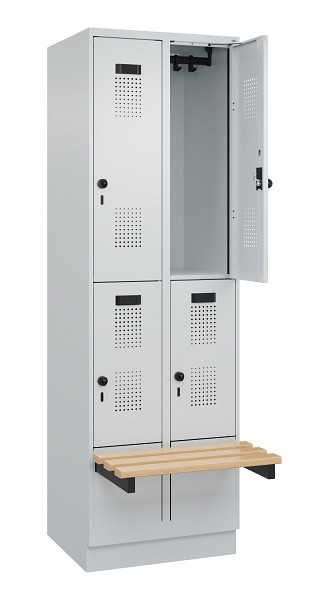 C+P Doppelstock-Spind Evolo PLUS, Bank, 4 Fächer, 1950x600x815mm, 7035/7035, Drehriegel, Sitzfläche Buche-Hartholz, mit Sockel, 049340-20 S10013