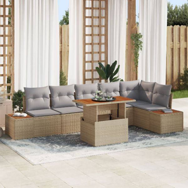 vidaXL Garten-Sofa-Set Set mit 7 Teilen Beige Rattan Garten-Sofa-Set, 3350077
