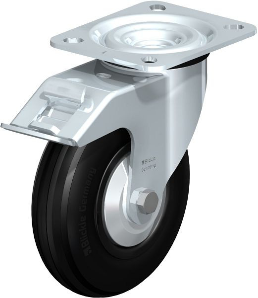 Blickle L-VWPP 125R-FI-FA Stahlblech-Lenkrolle, mittelschwere Ausführung, mit Anschraubplatte & Feststeller, Weichgummi, Schwarz, 849930