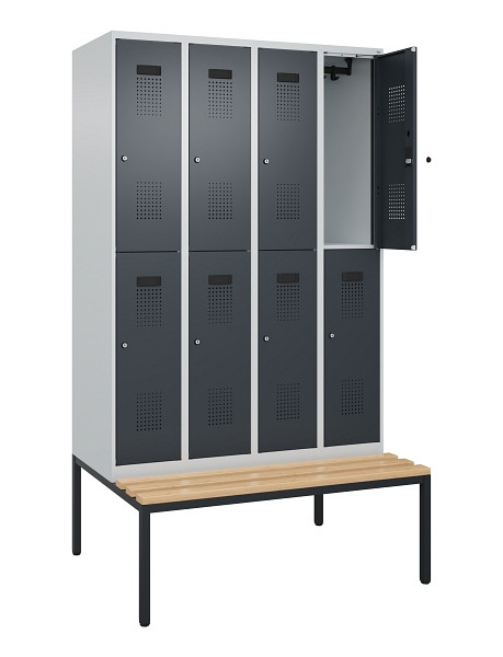 C+P Doppelstock-Spind Evolo PLUS, Bank, 8 Fächer, 2120x1200x815mm, 7035/7016, Zylinderschloss, Sitzfläche Buche-Hartholz, Sitzbank, 0493507-40 S10039