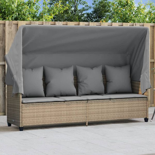 vidaXL Sonnenliege mit Dach und Kissen Beige Poly Rattan, 368356