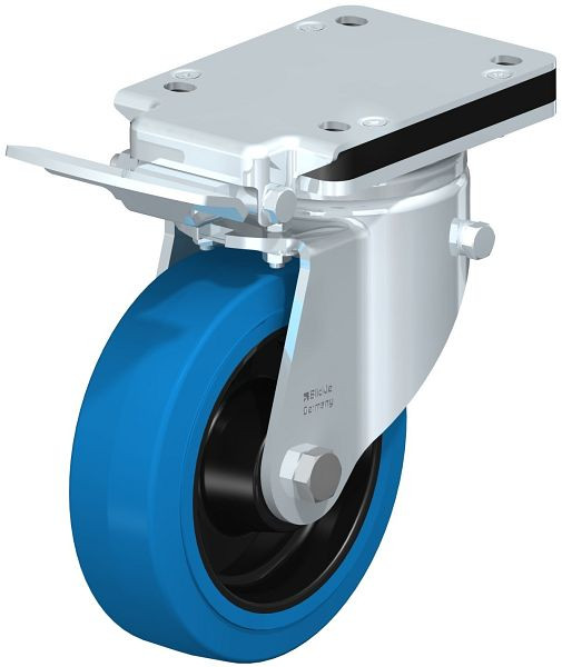 Blickle LH-POEV 160R-IS-SB Stahlblech-Lenkrolle, Schwerlast-Ausführung, mit Anschraubplatte & Feststeller, Elastik-Vollgummi, Blau, 750074