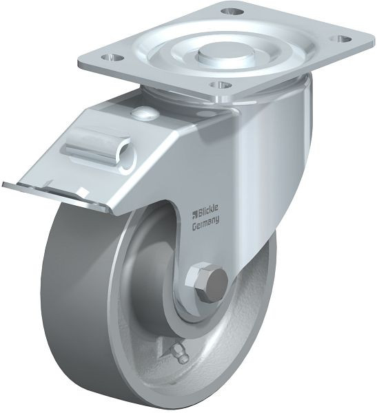 Blickle LI-G 150IK-FI Hitzebeständige Stahlblech-Lenkrolle mit Anschraubplatte & Feststeller, Guss, Grau, 763574