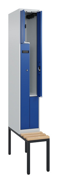 C+P Z-Spind Evolo PLUS, Bank, 2 Fächer, 2120x300x815mm, 7035/5010, Zylinderschloss, Sitzfläche Buche-Hartholz, Sitzbank, 0490537-102 S10036