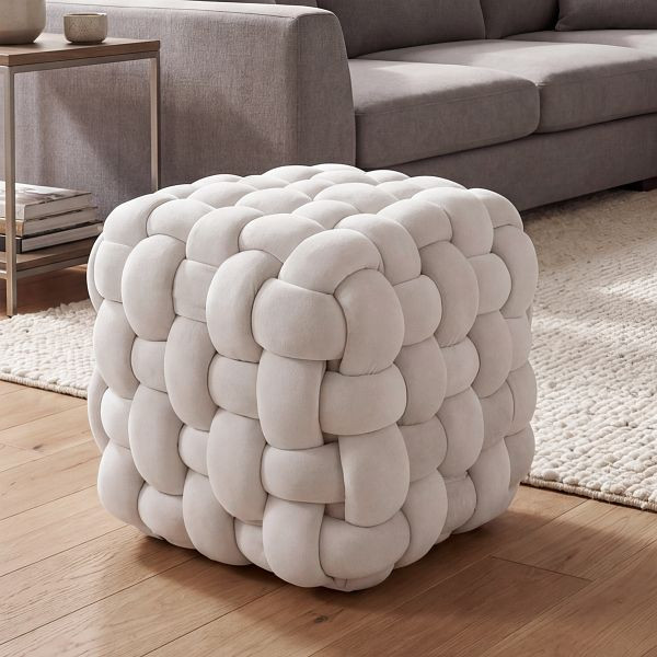 Mendler Hocker HWC-Q48, Sitzhocker Ottomane Polsterhocker Knoten-Pouf, Samt (220g/m²) 39cm, beige, 122939